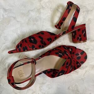 CAbi Women's Size 9 Siren Red Leopard Print Low Heeled Sandals Pleated Peep Toe